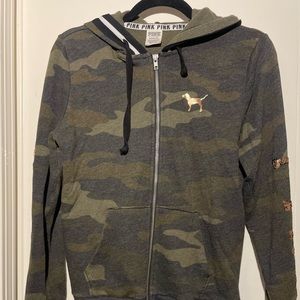 Womens PINK Victoria's Secret camo gold sequin hoodie dog logo jacket top small